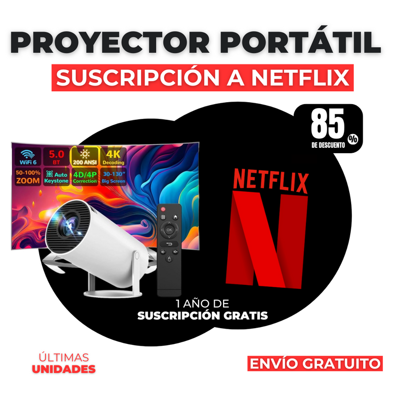 KIT NETFLIX ORIGINAL 2025: PROYECTOR PORTATIL 4K + SUSCRIPCIÓN A NETFLIX ILIMITADO | QUEDAN 6 UNIDADES - CIERRE DE LA TIENDA - CONTRA ENTREGA ENVÍO GRATIS