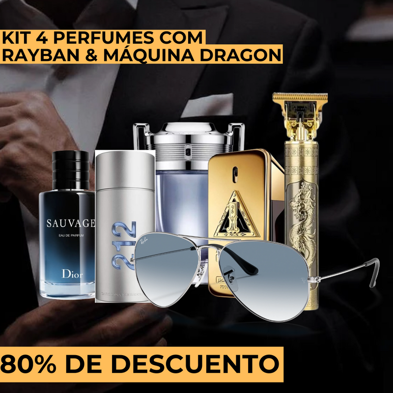 KIT DE 4 PERFUMES + MÁQUINA DE CORTAR CABELLO + GAFAS RAY BAN | CIERRE DE LA TIENDA - CONTRA ENTREGA ENVÍO GRATIS